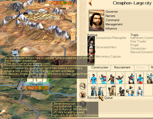 Governor Narses can train Clibinarii Immortals in 3 turns instead of the usual 4